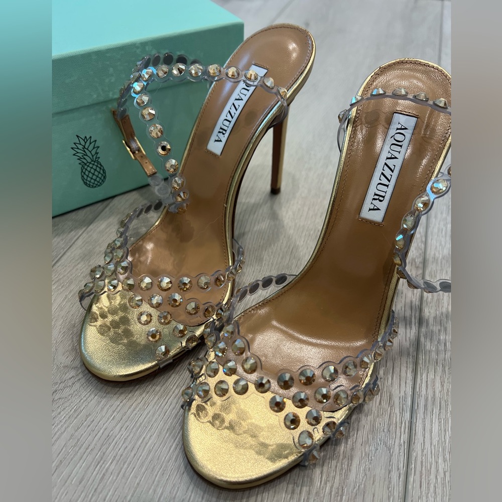 Aquazzura Tequila 105 crystal-embellished leather sandals 37.5 EU/IT gold pvc